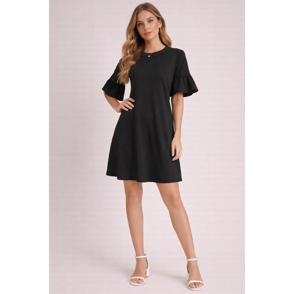 Halogen Womens Black Ruffle Bell Short Sleeve Crew Neck Top Blouse Size S Career